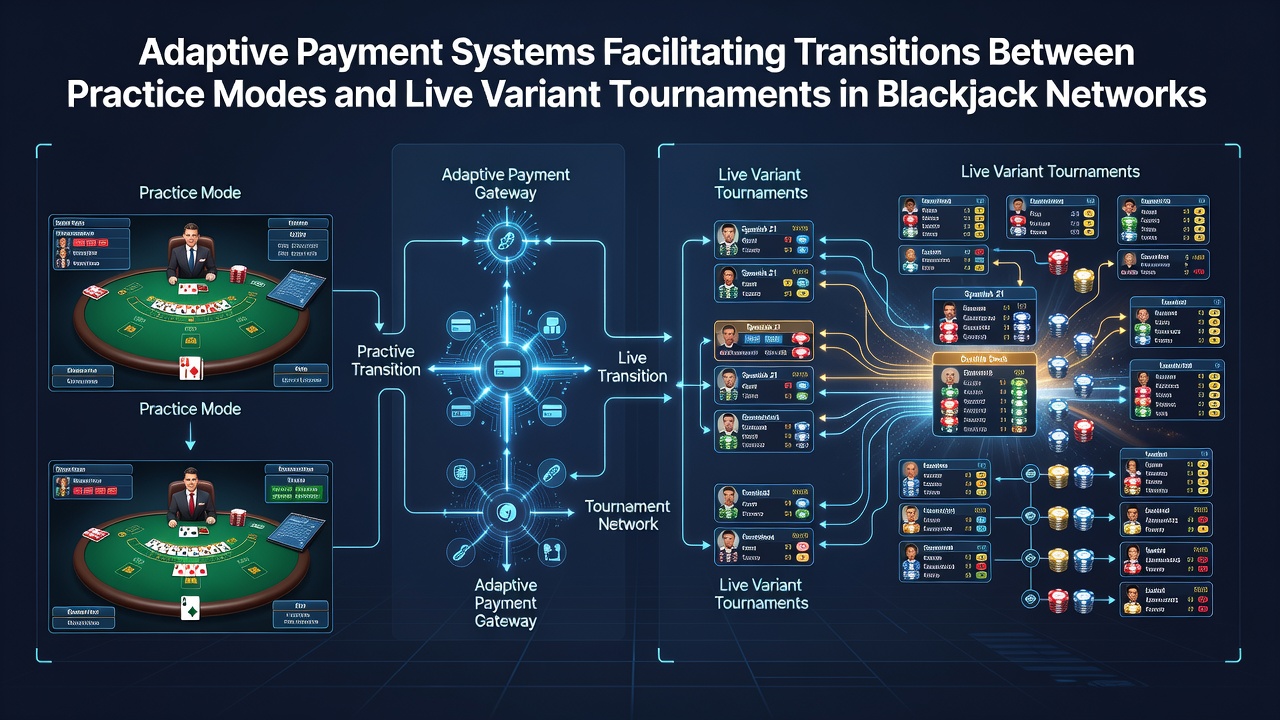 Diagram showing payment flows between practice modes and live blackjack tournaments in networked environments