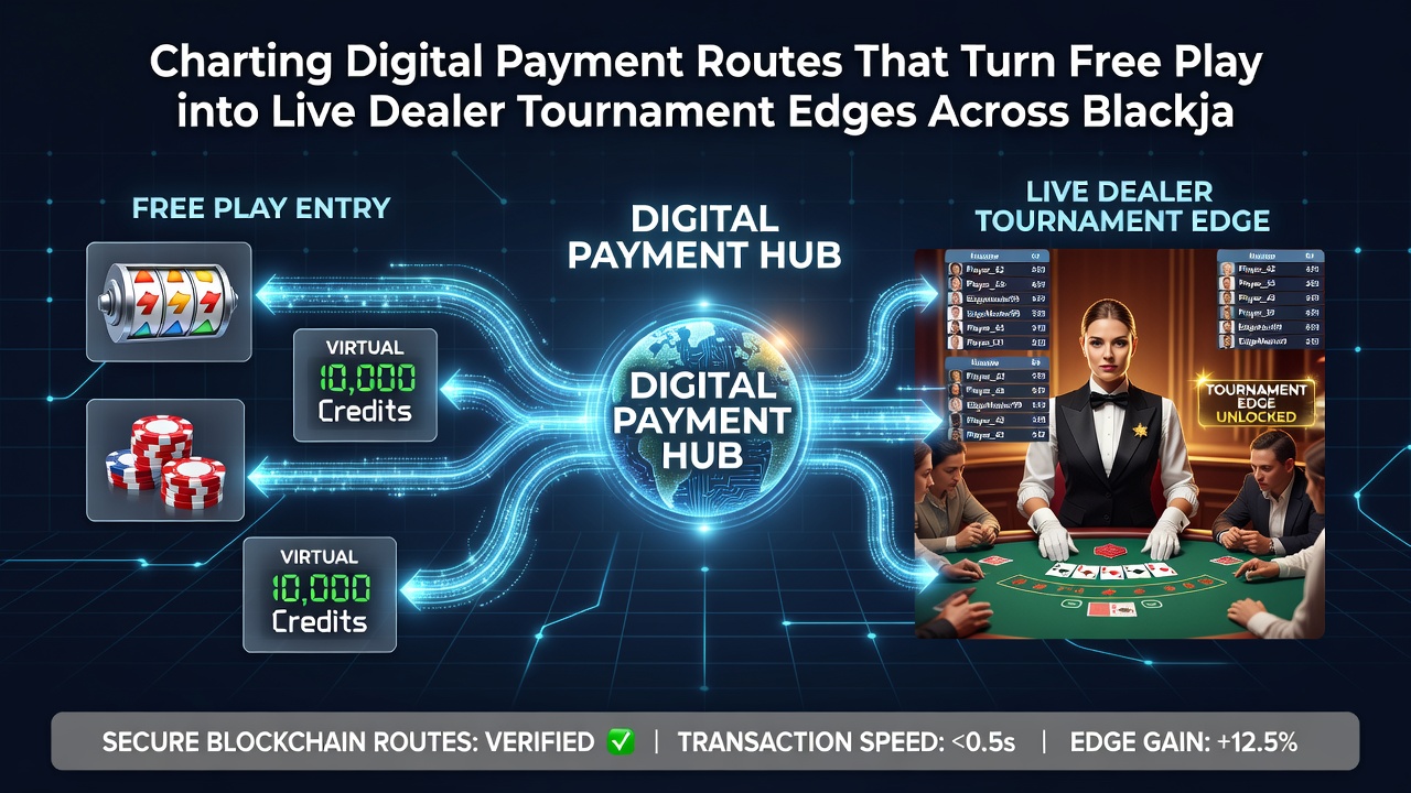 Live dealer blackjack interface showing payment route overlays and tournament bracket progression on a mobile device