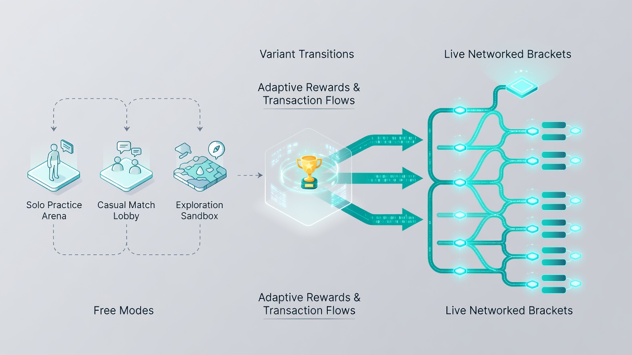 Illustration showing the flow from free blackjack modes to live networked tournament brackets with reward pathways highlighted
