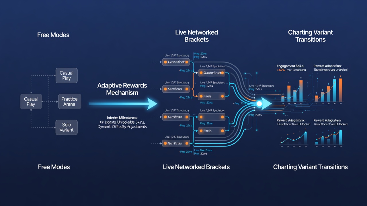 Diagram of transaction flows linking mobile blackjack practice sessions to competitive brackets via reward systems