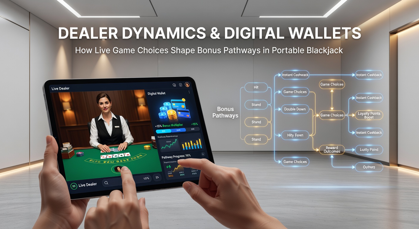 Live dealer at a portable blackjack table with digital wallet interface overlay showing bonus pathways