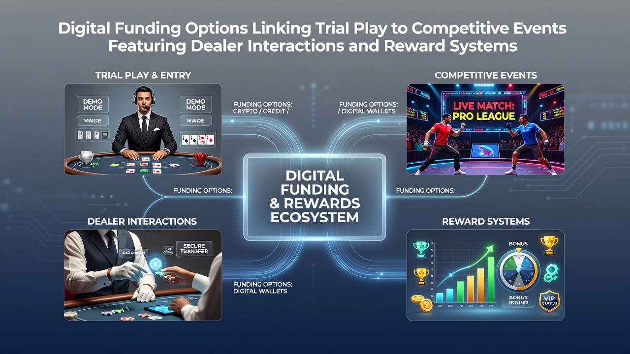 Digital funding interface showing wallet connections between practice modes and live blackjack tournament entry points