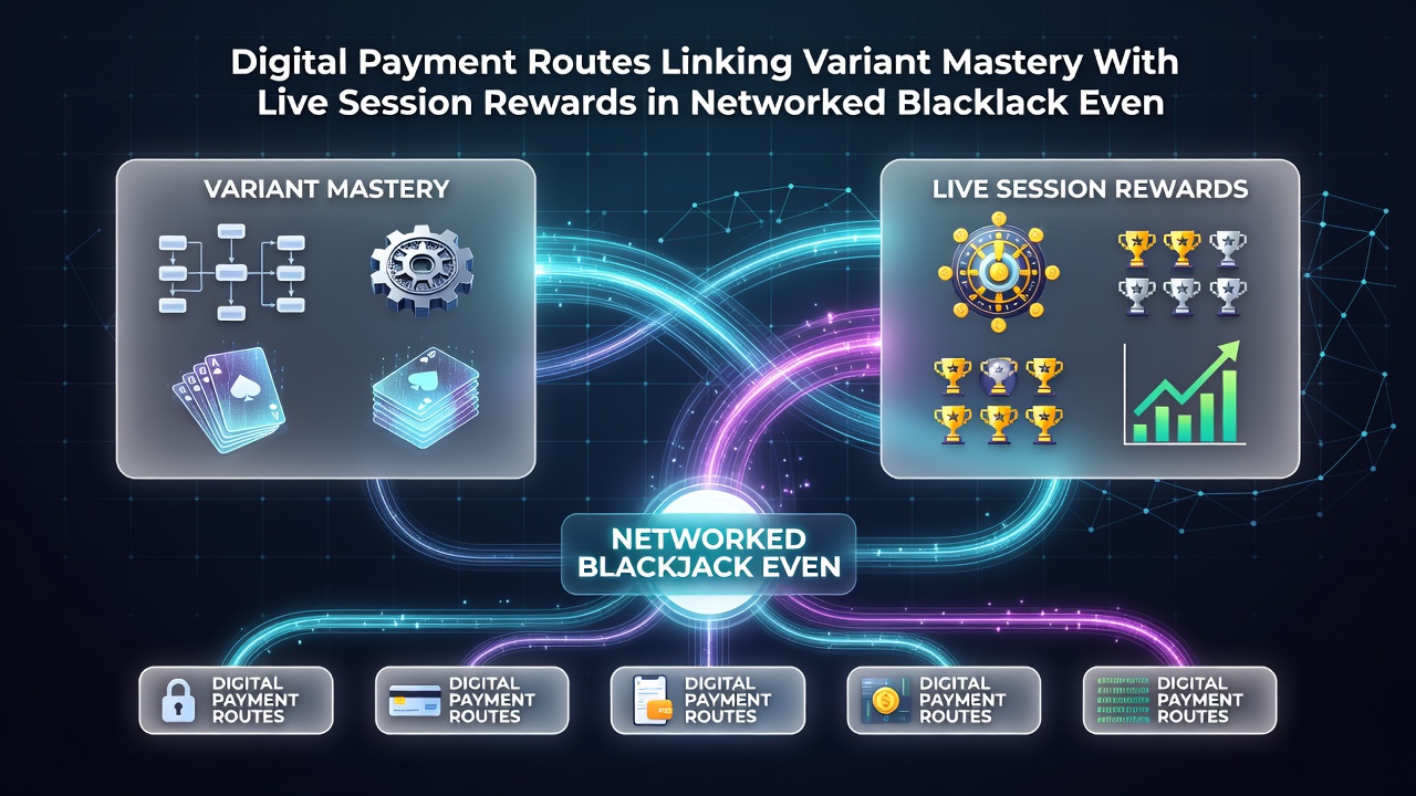 Networked blackjack interface showing live session reward tiers connected to variant mastery progress bars and digital wallet balances