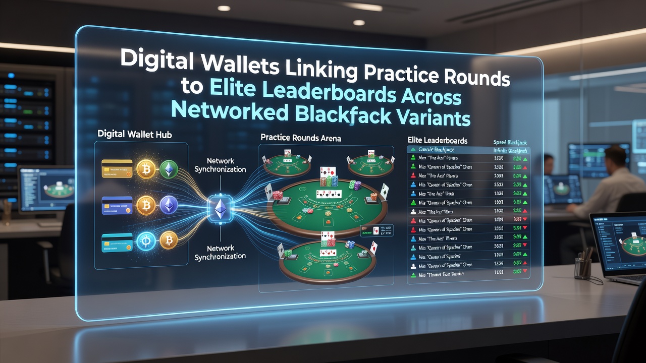 Digital wallet integration in networked blackjack platforms showing practice rounds transitioning to leaderboard entries