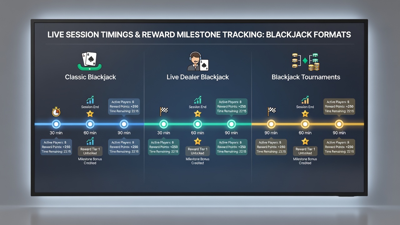 Blackjack reward milestone dashboard with timing synchronization charts across game formats