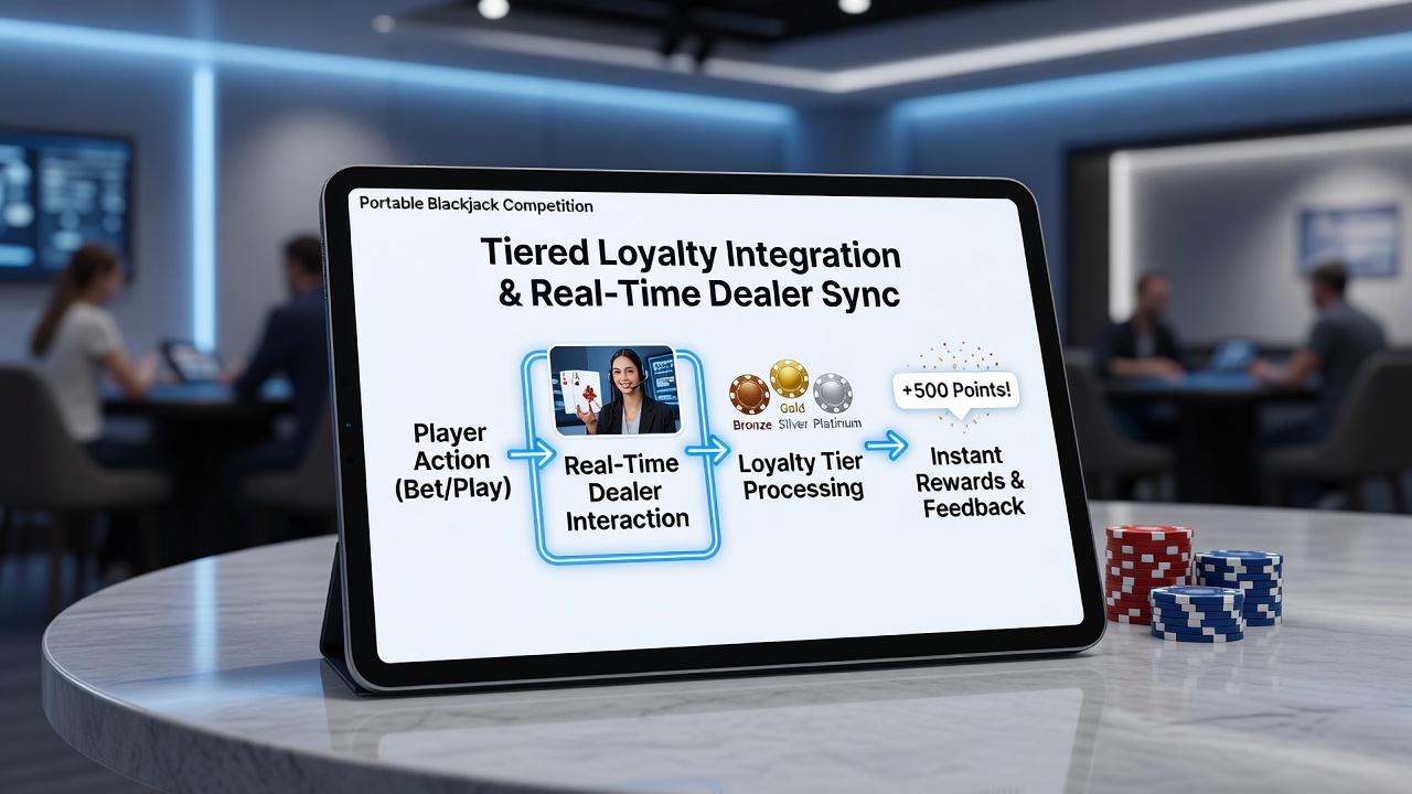 Live dealer engaging with players during a portable blackjack tournament with loyalty indicators visible