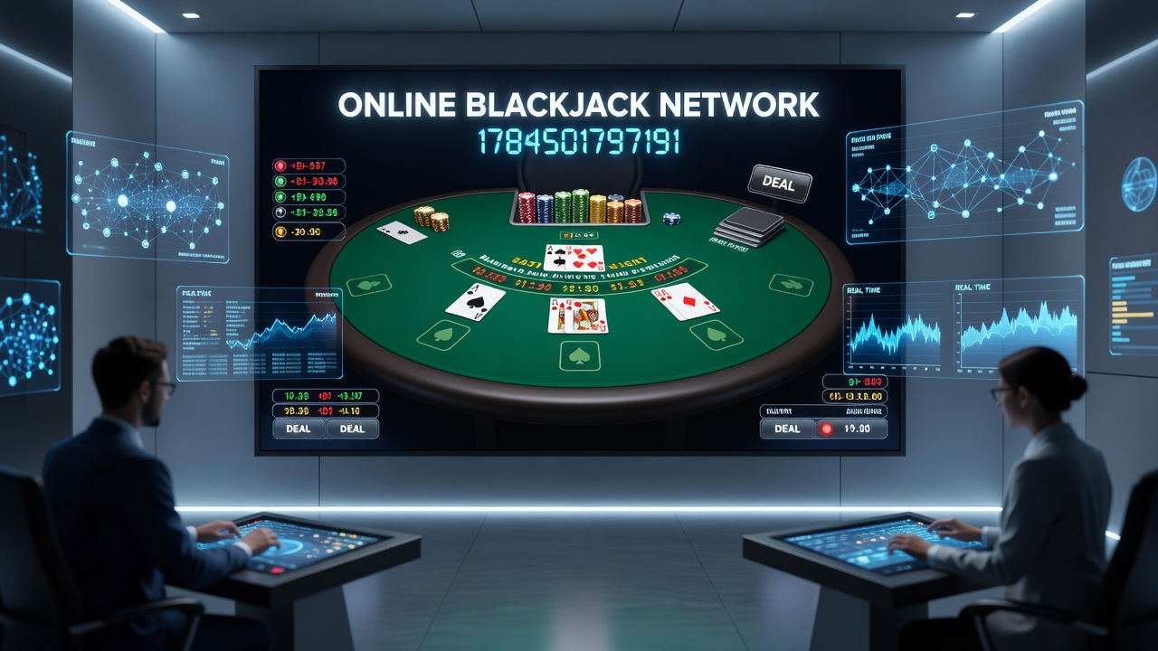 Overview of online blackjack network platform interface showing connected game tables and player statistics