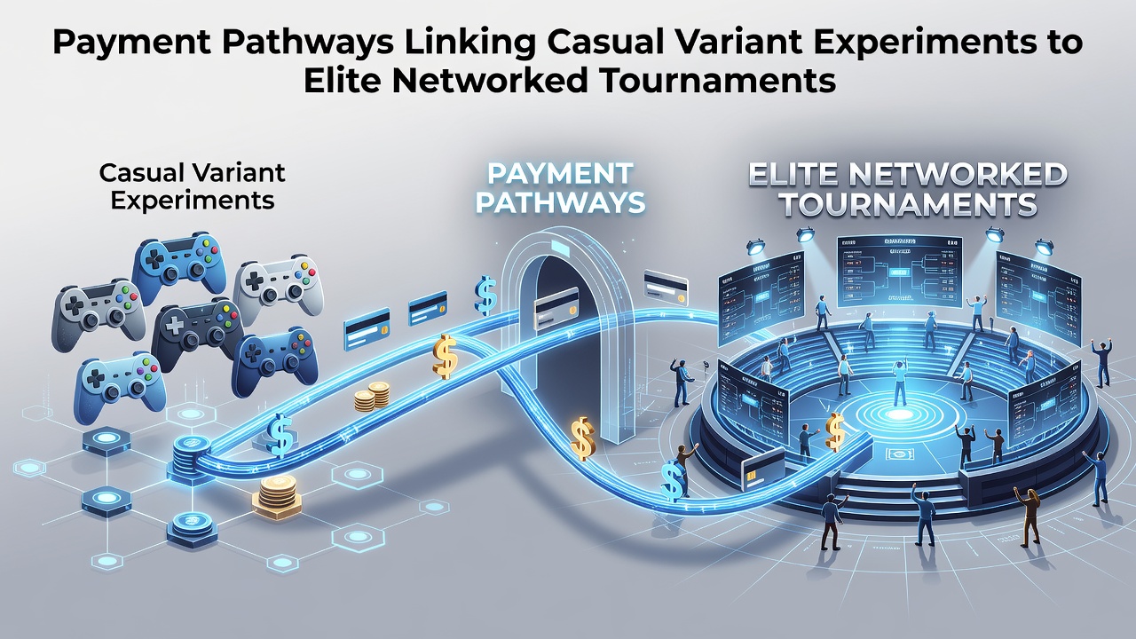 Diagram showing payment flows connecting casual gaming experiments to professional tournament networks