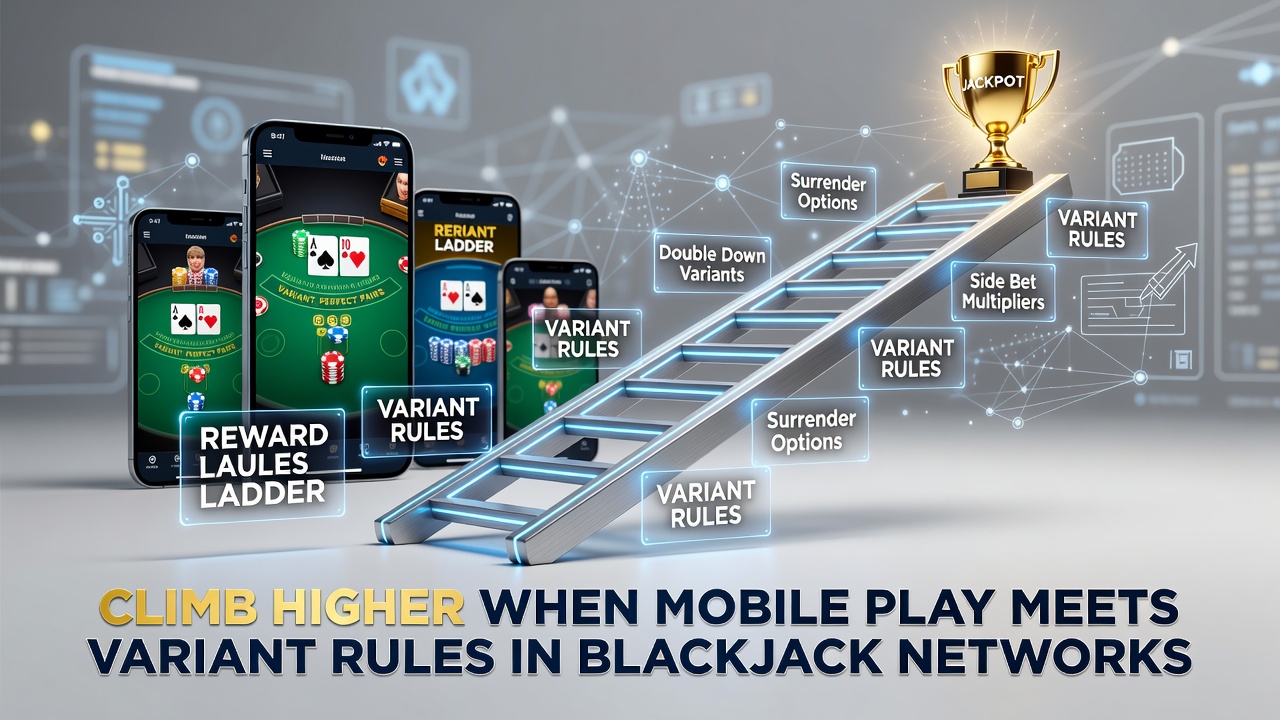 Players accessing blackjack variants through mobile devices connected to reward network ladders