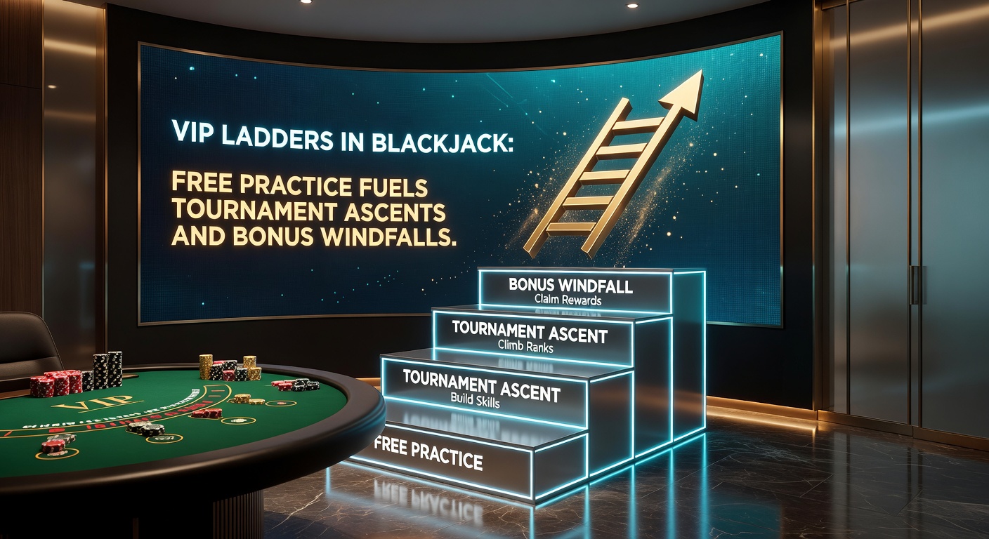 A digital graphic showing a ascending ladder with blackjack chips and cards climbing tiers toward a glowing VIP crown, symbolizing progression in online loyalty programs